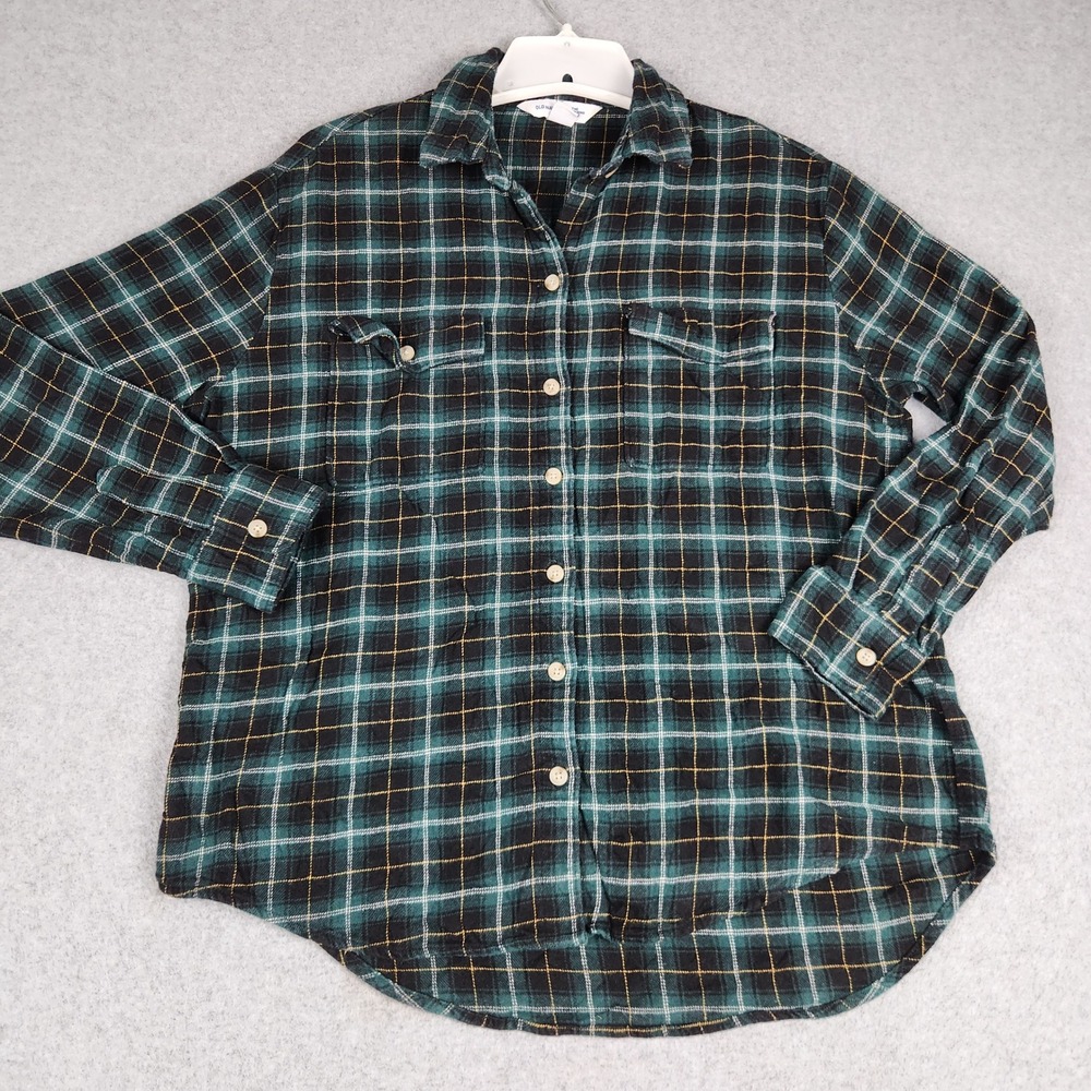 Old Navy The Boyfriend Shirt Womens Small Green Plaid Cotton Flannel Button Up